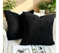OYIMUA Soft Teddy Boucle Cushion Covers 50x50cm Black Set of 2 | Fluffy Throw Pillow Covers 20x20 Inches for Sofa Bed, Decorative Square Cushions Invisible Zipper