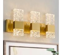 OYLYW Gold Bathroom Vanity Lights Fixtures Over Mirror LED Crystal Modern 3 Light Brushed Stainless Steel Wall Mount Light for Bathroom Lighting Fixtures 3000K 30Watts Warm Light