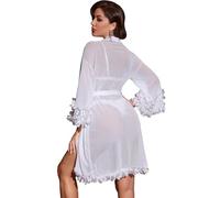 OYOANGLE Women's Mesh Sheer Appliques Trumpet Floral Sleeve Belted Sleep Robe Bridal Wedding Lingerie, White Floral Sleeve, Large