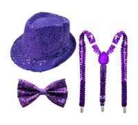 Oyolan 70s Disco Shiny Sequin Fedora Hat With Pre-tie Necktie Gloves For Jazz Dance Funky Costume Party Type D Purple 3Pcs One Size