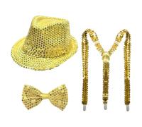 Oyolan 70s Disco Shiny Sequin Fedora Hat With Pre-tie Necktie Gloves For Jazz Dance Funky Costume Party Type D Gold 3Pcs One Size