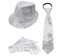 Oyolan 70s Disco Shiny Sequin Fedora Hat With Pre-tie Necktie Gloves For Jazz Dance Funky Costume Party Type E Silver 3Pcs One Size