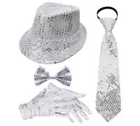 Oyolan 70s Disco Shiny Sequin Fedora Hat With Pre-tie Necktie Gloves For Jazz Dance Funky Costume Party Type B Silver 4Pcs One Size