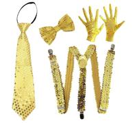 Oyolan 70s Disco Shiny Sequin Fedora Hat With Pre-tie Necktie Gloves For Jazz Dance Funky Costume Party Type A Gold 4Pcs One Size