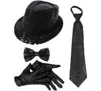 Oyolan 70s Disco Shiny Sequin Fedora Hat With Pre-tie Necktie Gloves For Jazz Dance Funky Costume Party Type B Black 4Pcs One Size