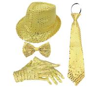 Oyolan 70s Disco Shiny Sequin Fedora Hat With Pre-tie Necktie Gloves For Jazz Dance Funky Costume Party Type B Gold 4Pcs One Size