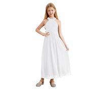 Oyolan Girls Halter Pleated Long Maxi Evening Party Prom Chiffon Junior Bridesmaid Dress Ball Gown Ivory 15-16 Years