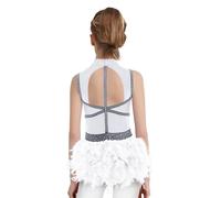 Oyolan Girls Jazz Latin Dance Leotard Sleeveless Performance Cutout Back Shiny Rhinestones with Feather Skirt