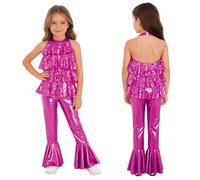 Oyolan Girls Sequins Jazz Dance Leotard Sparkly Jumpsuit Disco Costume Halloween Cosplay Carnival Hot Pink 5-6 Years