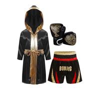 Oyolan Kids Boys Boxer Cosplay Costume Satin Hooded Boxing Robes with Boxer Shorts Gloves Set Tracksuit Red&Gold 11-12 Years
