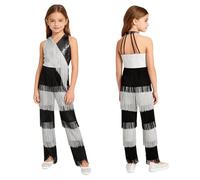Oyolan Kids Girls Flapper Costume Retro Ballroom Overall Disco Performance Latin Jazz Dance Bodysuits White 9-10 Years