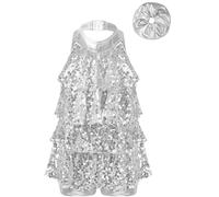 Oyolan Kids Girls Halter Neck Sequins Dance Dress Jumpsuit Hip Hop Modern Latin Jazz Performance Dancewear with Hair Tie Silver 11-12 Years