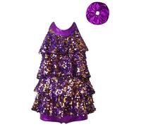 Oyolan Kids Girls Halter Neck Sequins Dance Dress Jumpsuit Hip Hop Modern Latin Jazz Performance Dancewear with Hair Tie Purple 7-8 Years