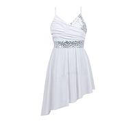 Oyolan Kids Girls Lyrical Ballet Dance Dress Sequins Spaghetti Straps Latin Jazz Modern Dancewear Irregular Dancing Costume White 12-14 Years