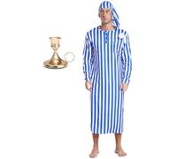 Oyolan Men's 3 Pcs Pajama Set Striped Nightshirt For Halloween Cosplay Sleep Robe With Hat And Candle Holder Gold Royal Blue L