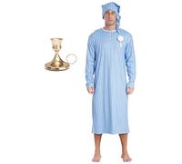 Oyolan Men's 3 Pcs Pajama Set Striped Nightshirt For Halloween Cosplay Sleep Robe With Hat And Candle Holder Gold Dusty Blue L