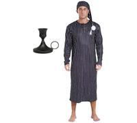 Oyolan Men's 3 Pcs Pajama Set Striped Nightshirt For Halloween Cosplay Sleep Robe With Hat And Candle Holder Black M