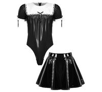 Oyolan Men's Sissy Faux Leather Wet Look One Piece Bodysuit PVC French Maid Cosplay Costume Outfits Black XXL