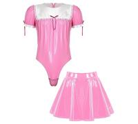 Oyolan Men's Sissy Faux Leather Wet Look One Piece Bodysuit PVC French Maid Cosplay Costume Outfits Pink L