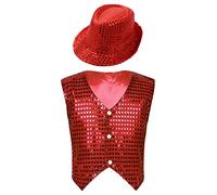 Oyolan Unisex Boys Girls Sequined Vest Jacket Top Modern Dance Jazz Choir Waistcoat with Hat Performance Dancewear Red 13-14 Years