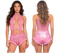 Oyolan Women 2 Piece Set Shiny Metallic Vinyl Stretchy Crop Top And Shorts Going Out Patent Leather Event Outfits Pink XXL