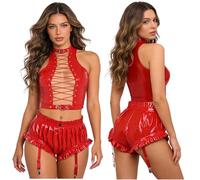 Oyolan Women 2 Piece Set Shiny Metallic Vinyl Stretchy Crop Top And Shorts Going Out Patent Leather Event Outfits Red XL