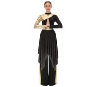 Oyolan Women 2pcs Praise Dance Outfit Asymmetric Worship Dance Dress+ Pants Liturgical Dancewear Black XXL