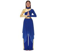 Oyolan Women 2pcs Praise Dance Outfit Asymmetric Worship Dance Dress+ Pants Liturgical Dancewear Blue XL