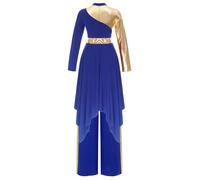 Oyolan Women 2pcs Praise Dance Outfit Asymmetric Worship Dance Dress+ Pants Liturgical Dancewear Blue XXL
