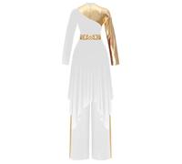 Oyolan Women 2pcs Praise Dance Outfit Asymmetric Worship Dance Dress+ Pants Liturgical Dancewear White XL