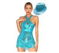 Oyolan Women Glittery Sparkly Bodysuit Fringe Dance Leotard Halter Cross Front Latin Jazz Ballroom Costumes With Hat Sky Blue M