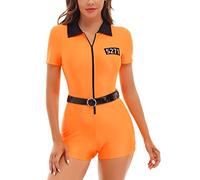 Oyolan Women Prisoner Halloween Costume Jailbird Prison Crop Top with Pants Hand Cuffs Cosplay Outfits Orange A XL