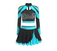 Oyolan Womens Cheer Leader Costume Cheerleading Rhinestone Long Sleeve Print Top with Skating Skirts Sky Blue XL