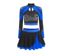 Oyolan Womens Cheer Leader Costume Cheerleading Rhinestone Long Sleeve Print Top with Skating Skirts Royal Blue L