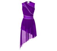 Oyolan Women's Girls Lyrical Dance Costume High Low Rhinestone Mesh Modern Contemporary Dance Dress Purple A L