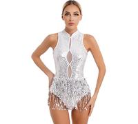 Oyolan Womens Glitter Sequins Fringes Bodysuit Keyhole Sleeveless Backless Tassel Leotard Jazz Dance Costume White L