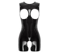 Oyolan Womens Leather Wet Look One Piece Exposed Breasts Bodysuit Hollow Out Leotard Shiny Jumpsuit Black M