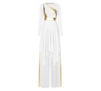 Oyolan Women's Liturgical Lyrical Dance Costume Metallic Choir Worship Praise Dance Dress Set with Baggy Trousers White M
