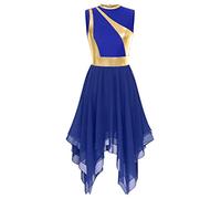 Oyolan Women's Liturgical Praise Worship Dress Lyrical Dancewear Gold Color Block Dance Costume Ballroom Royal Blue A XL