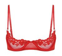 Oyolan Women's Underwire Lace Push Up Demi Bra 1/4 Cups Balconette Bralette Sheer Bra Tops Underwear Red XXL
