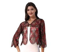 Oyolan Women's Vintage Shiny Sequined 1920s Shawl Wrap Long Sleeve Bolero Shrug Cape Art Deco Flapper Cover up Red One Size