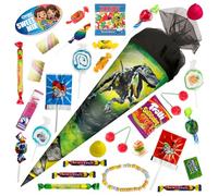 OYOY School Cone Filled with Sweets, Dino School Cone with Robo Rex Motif, 35 cm, Small School Cone Ready Filled, Siblings School Cone, Filled Sweets Bag, Small School Cone for Boys