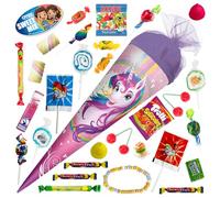 OYOY School cone filled with sweets, school cone with unicorn motif, 35 cm, small school cone ready-filled, siblings school cone, filled sugar bag, small school cone for girls