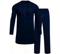 OYOZONE Mens African 2 Piece Set Nigerian Dashiki Traditional Suit Pleated Snap Button Shirts and Pants Outfit, Navy Blue, S