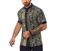 OYOZONE Men's African Traditional Pattern Print Shirt Casual Short Sleeve Button Down Shirts Luxury Printed Dashiki for Men, Gold Black Geometric Print, XL