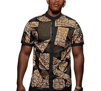 OYOZONE Men's African Traditional Pattern Print Shirt Casual Short Sleeve Button Down Shirts Luxury Printed Dashiki for Men, Black Geometric, Medium