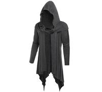 OYOZONE Men's Long Hooded Cardigan Ruffle Shawl Collar Open Front Lightweight Drape Cape with Pockets, Dark Grey, S