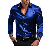 OYOZONE Men's Luxury Satin Dress Shirt Shiny Embroidery Silk Long Sleeve Button Up Shirts Prom Wedding Party Shirt, Royal Blue, Large