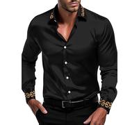 OYOZONE Men's Luxury Satin Dress Shirt Shiny Embroidery Silk Long Sleeve Button Up Shirts Prom Wedding Party Shirt, Black, Medium