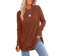 OYPGUE Fertilvrsus Long Sleeve Tunic Tops with Thumb Holes, Womens Crew Neck Curved Hem Shirts to Wear with Leggings Fall 2025 (UK, Alpha, XXL, Regular, Regular, Caramel)